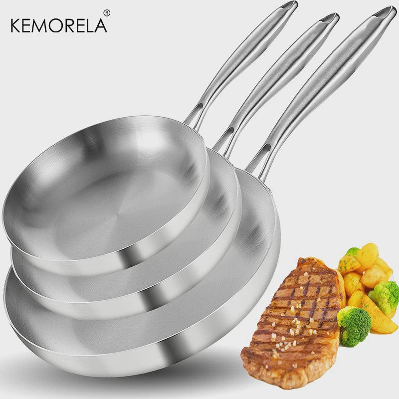 Set van 3 RVS Koekenpannen & Wokpannen (22-28 cm) - 5-laags Staal, 2mm Dik