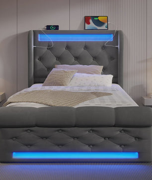 Modern Gestoffeerd 1-persoonsbed 90x200cm met LED-verlichting, USB/Type-C en Hydraulische Opbergruimte
