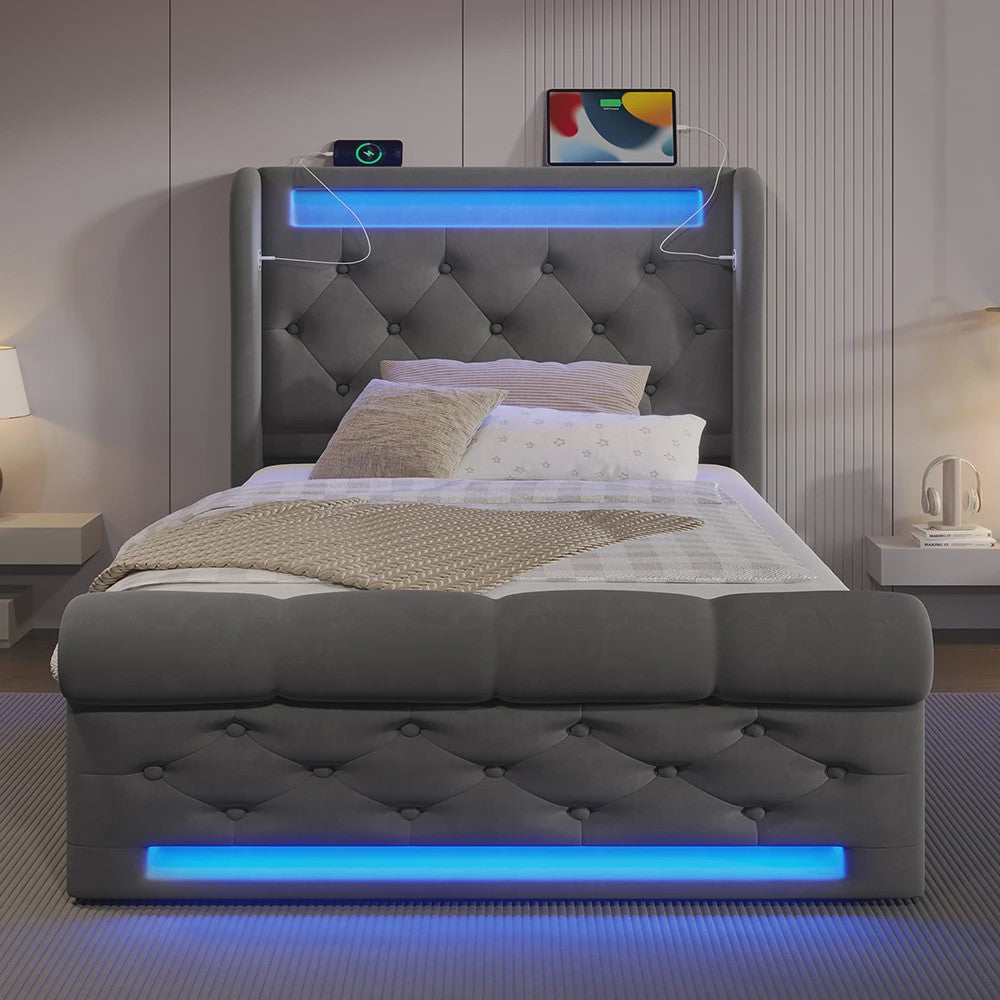 Modern Gestoffeerd 1-persoonsbed 90x200cm met LED-verlichting, USB/Type-C en Hydraulische Opbergruimte