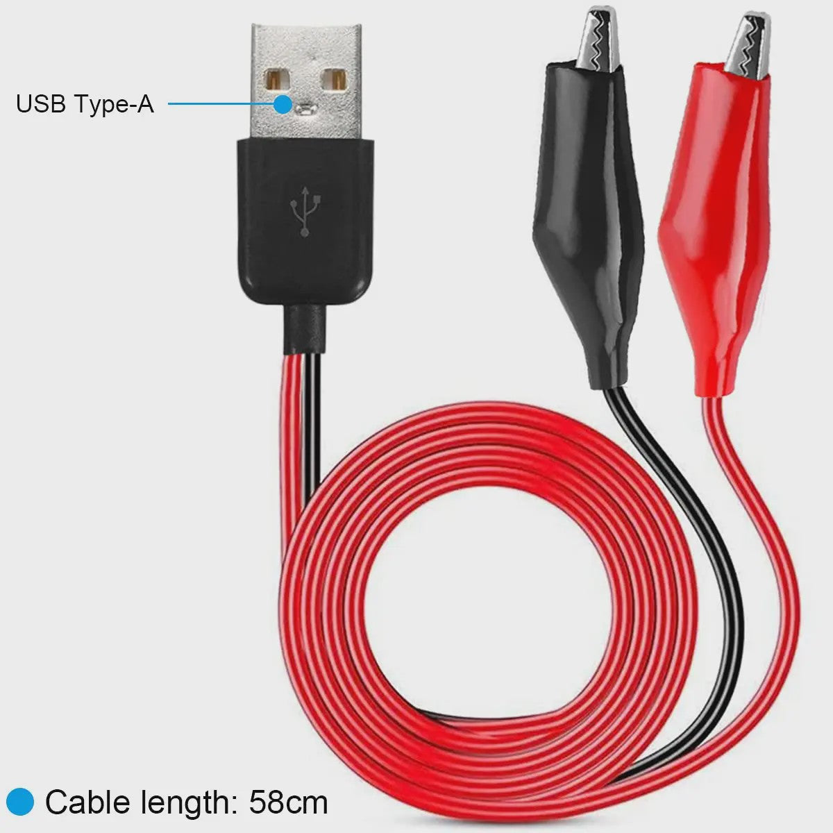 USB Type-A naar Alligator Klem Testkabel - Koperen Leidsels voor Stroomvoorziening