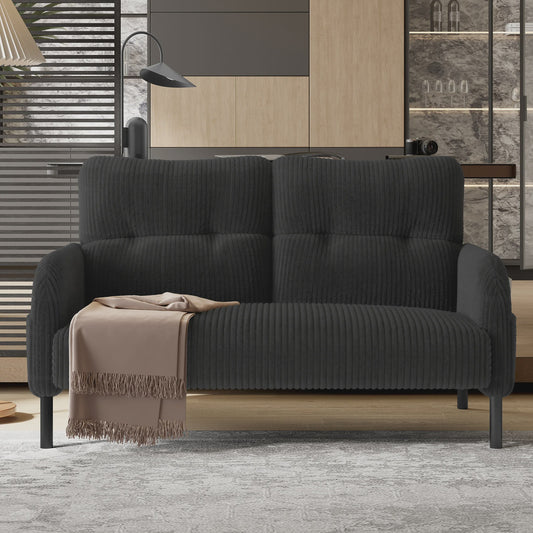 Corduroy 2-zitsbank met hoge rugleuning, zijvak en metalen poten - 120x75x79 cm