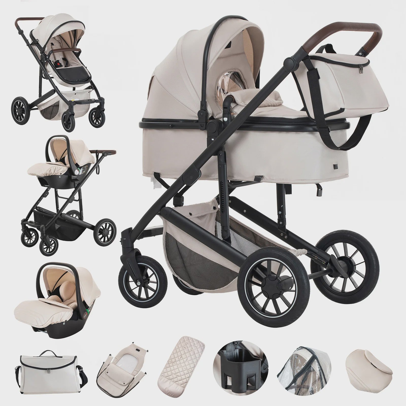 Luxe 3-in-1 Baby Kinderwagen: Hoge Landingsbaan Aluminium Frame, Inklapbaar, Reiswieg & Autostoel