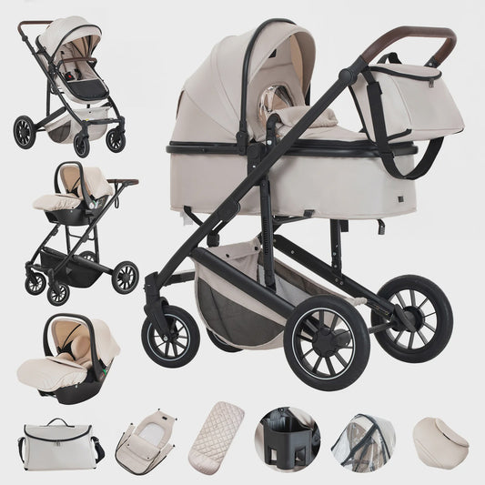 Luxe 3-in-1 Baby Kinderwagen: Hoge Landingsbaan Aluminium Frame, Inklapbaar, Reiswieg & Autostoel