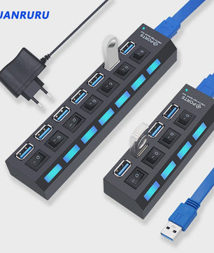 USB Hub 3.0/2.0 met 4 of 7 poorten, individuele schakelaars en LED-indicatoren