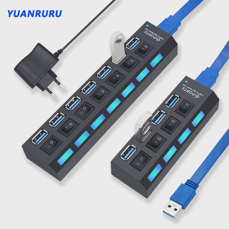 USB Hub 3.0/2.0 met 4 of 7 poorten, individuele schakelaars en LED-indicatoren