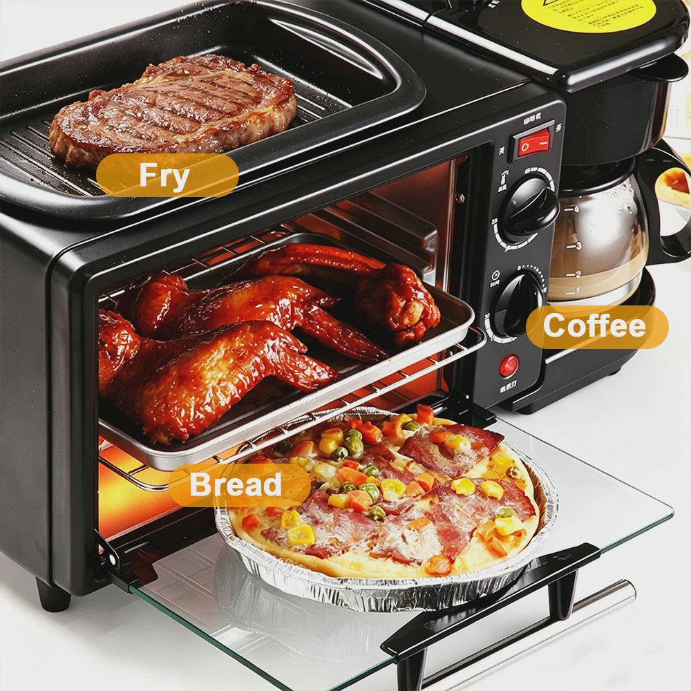Multifunctionele Ontbijt Machine: Koffiezetter, Oven, Bakplaat & Broodrooster