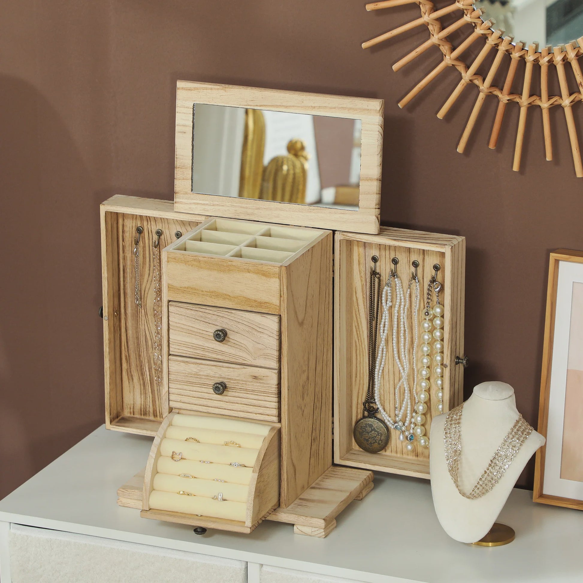 Houten Sieradenkast met Spiegel, Lades en Armbandrol - Organiseer je Accessoires