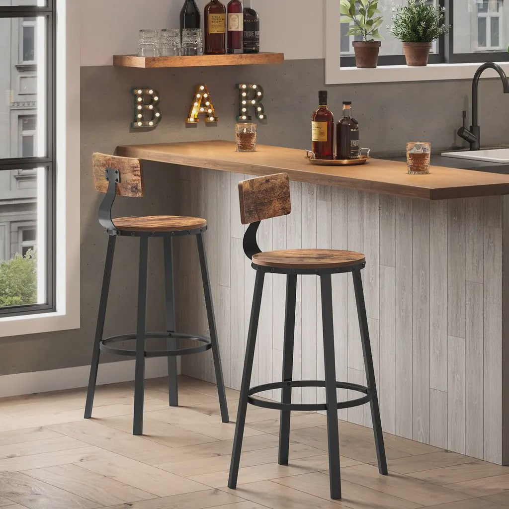 Set van 2 VASAGLE Industriële Barkrukken met Metalen Frame en Houten Zitting, Zithoogte 73 cm