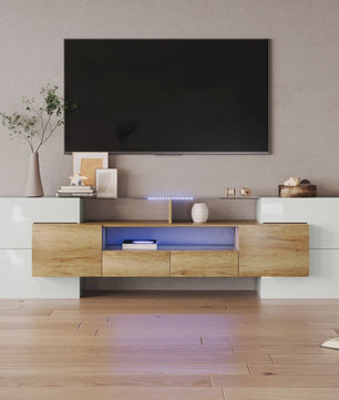 Modern TV meubel 200cm hoogglans wit met LED verlichting en glazen blad