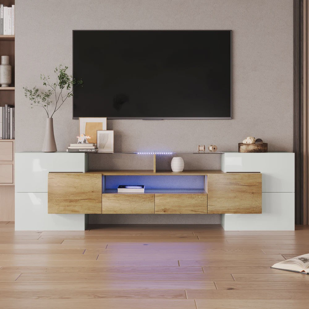 Modern TV meubel 200cm hoogglans wit met LED verlichting en glazen blad