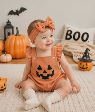 Schattige Halloween Baby Romper met Pompoenprint & Mutsje - 1-12 Maanden