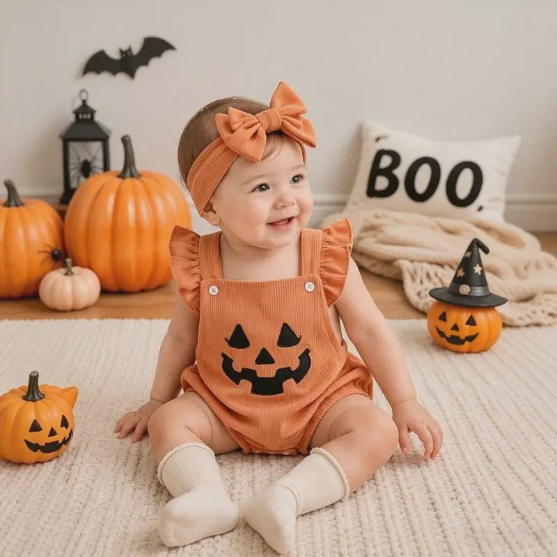 Schattige Halloween Baby Romper met Pompoenprint & Mutsje - 1-12 Maanden