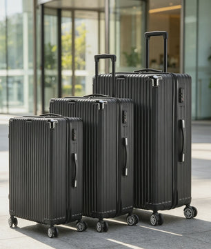 Set van 3 Zwarte Hardcase Koffers met TSA-slot en Dubbele Wielen (M/L/XL)