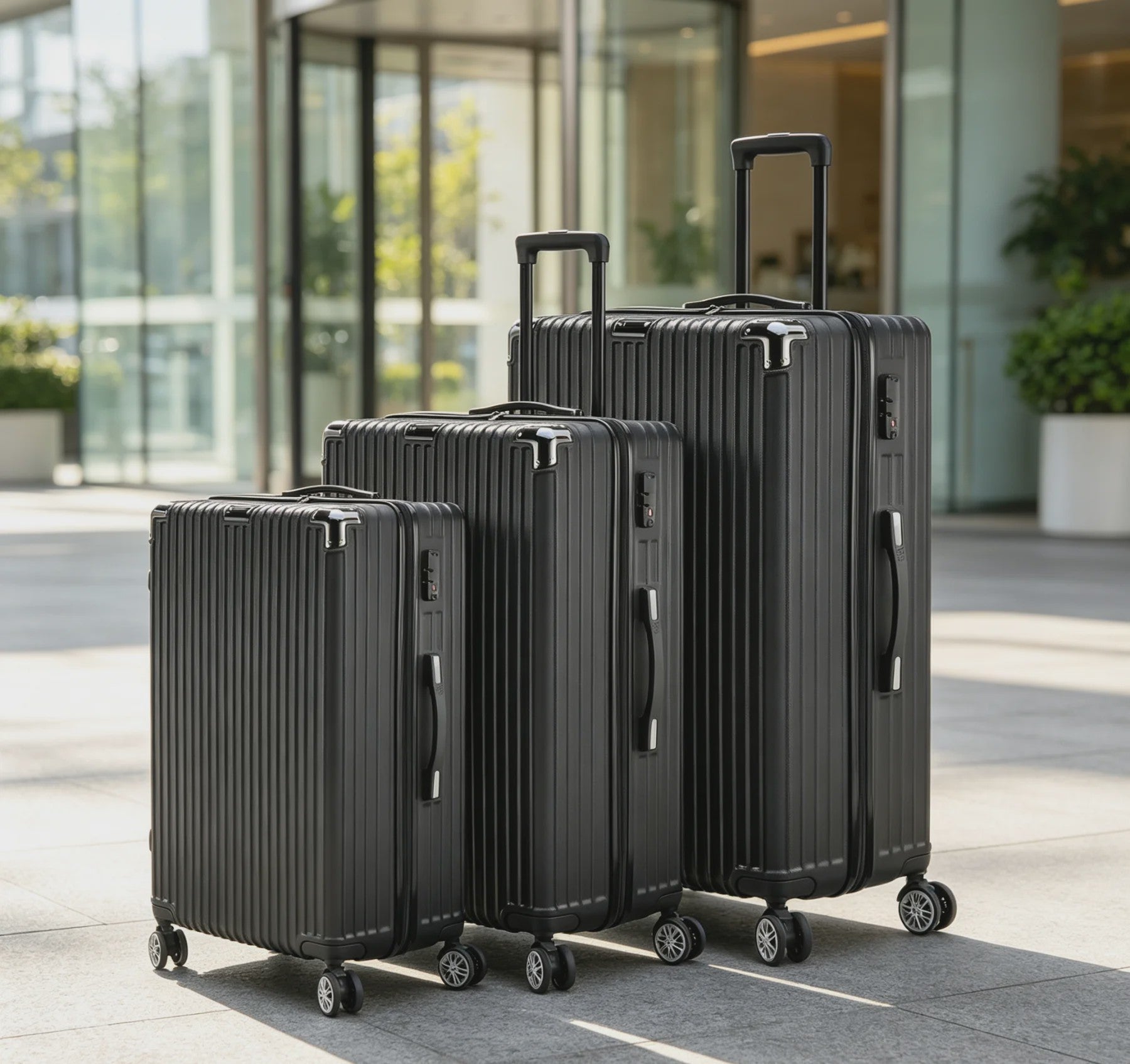 Set van 3 Zwarte Hardcase Koffers met TSA-slot en Dubbele Wielen (M/L/XL)
