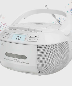 Draagbare Boombox met CD, Cassette, Bluetooth, Radio, USB & Afstandsbediening - Wit