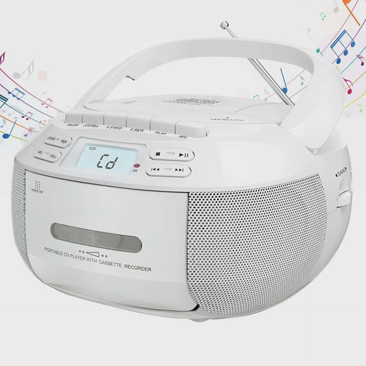 Draagbare Boombox met CD, Cassette, Bluetooth, Radio, USB & Afstandsbediening - Wit