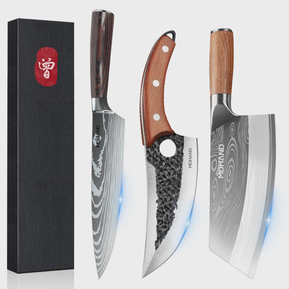 Professionele Handgesmede Keukenmes Set - Roestvrij Staal, Scherpe Snede, Ergonomisch Handvat