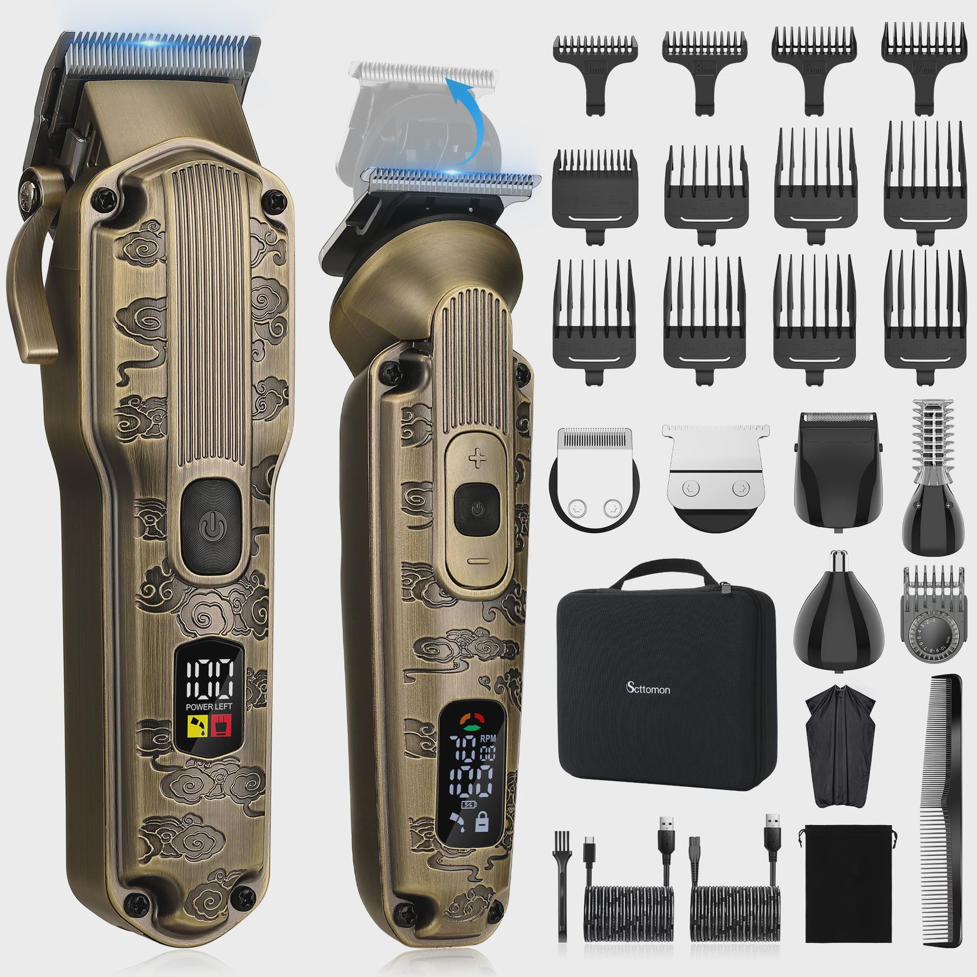 Professionele 2-in-1 Baardtrimmer en Tondeuse Set met T-Blade, 7000RPM Motor en 12 Opzetkammen