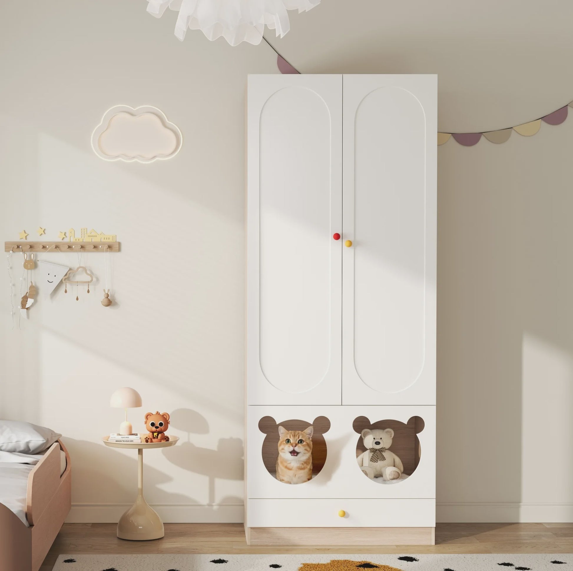 Kinder Kledingkast met Kattenmandjes - Wit & Natuurlijk Hout - 80x50x200 cm