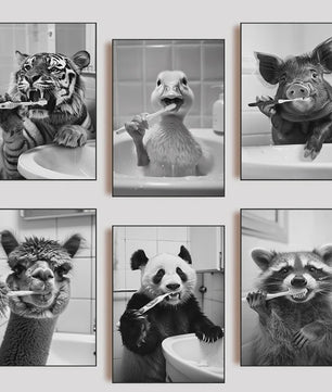 Grappige Poster Set: Zwart-Wit Dieren Poetsen Tanden - Canvas Kunst voor Woonkamer & Slaapkamer