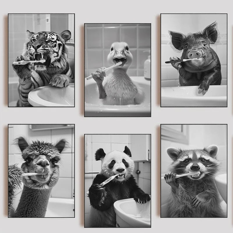Grappige Poster Set: Zwart-Wit Dieren Poetsen Tanden - Canvas Kunst voor Woonkamer & Slaapkamer
