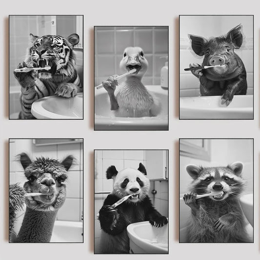 Grappige Poster Set: Zwart-Wit Dieren Poetsen Tanden - Canvas Kunst voor Woonkamer & Slaapkamer