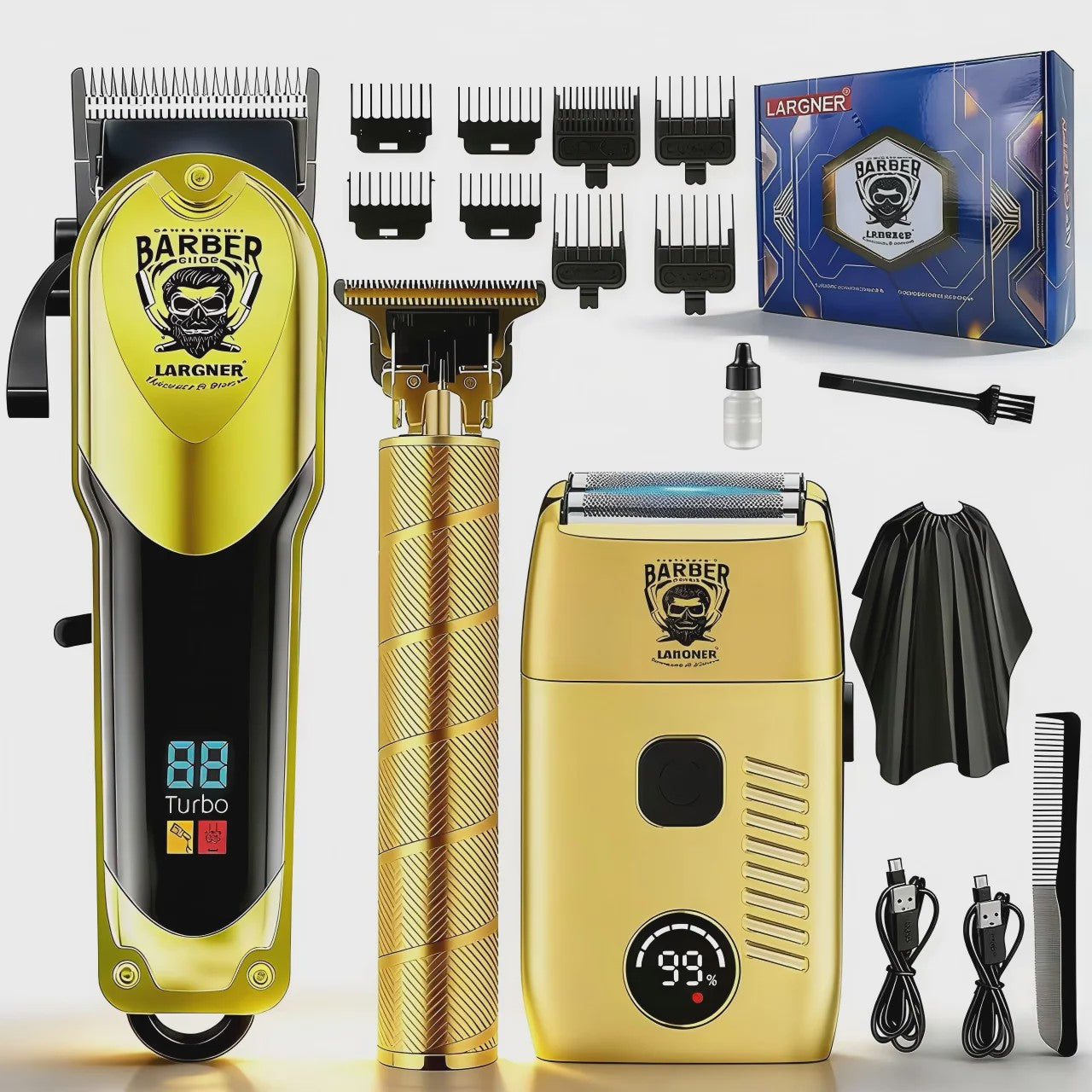 LARGNER 3-in-1 Professionele Barbershop Set: Trimmer, Scheerapparaat & Opzetkammen