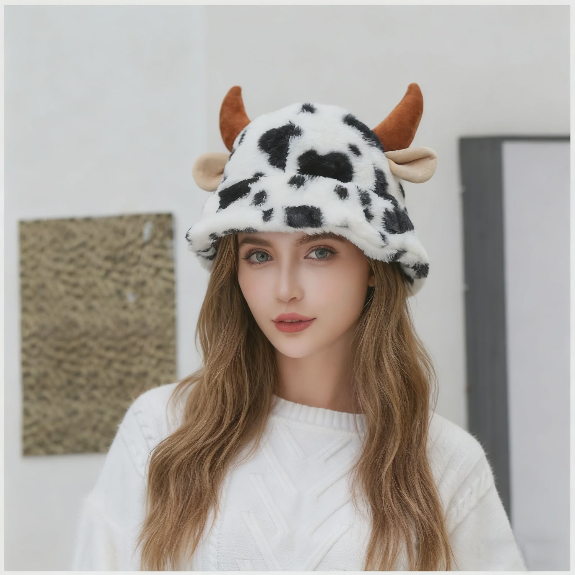 Warme Koeienprint Bucket Hat met Hoorns - Fleece Gevoerd & Verdikt voor de Winter