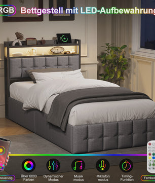 Modern Eenpersoons Bed 90x200cm met LED, USB en Opbergruimte