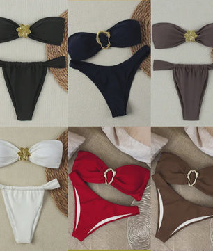 Dames Push-Up Bandeau Bikini Set met Braziliaanse Thong en Goudkleurige Ring Detail