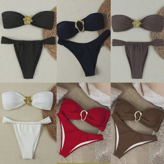 Dames Push-Up Bandeau Bikini Set met Braziliaanse Thong en Goudkleurige Ring Detail