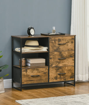 Industriële Ladekast met 4 Stoffen Lades en 2 Open Vakken - 84x30x71,5 cm