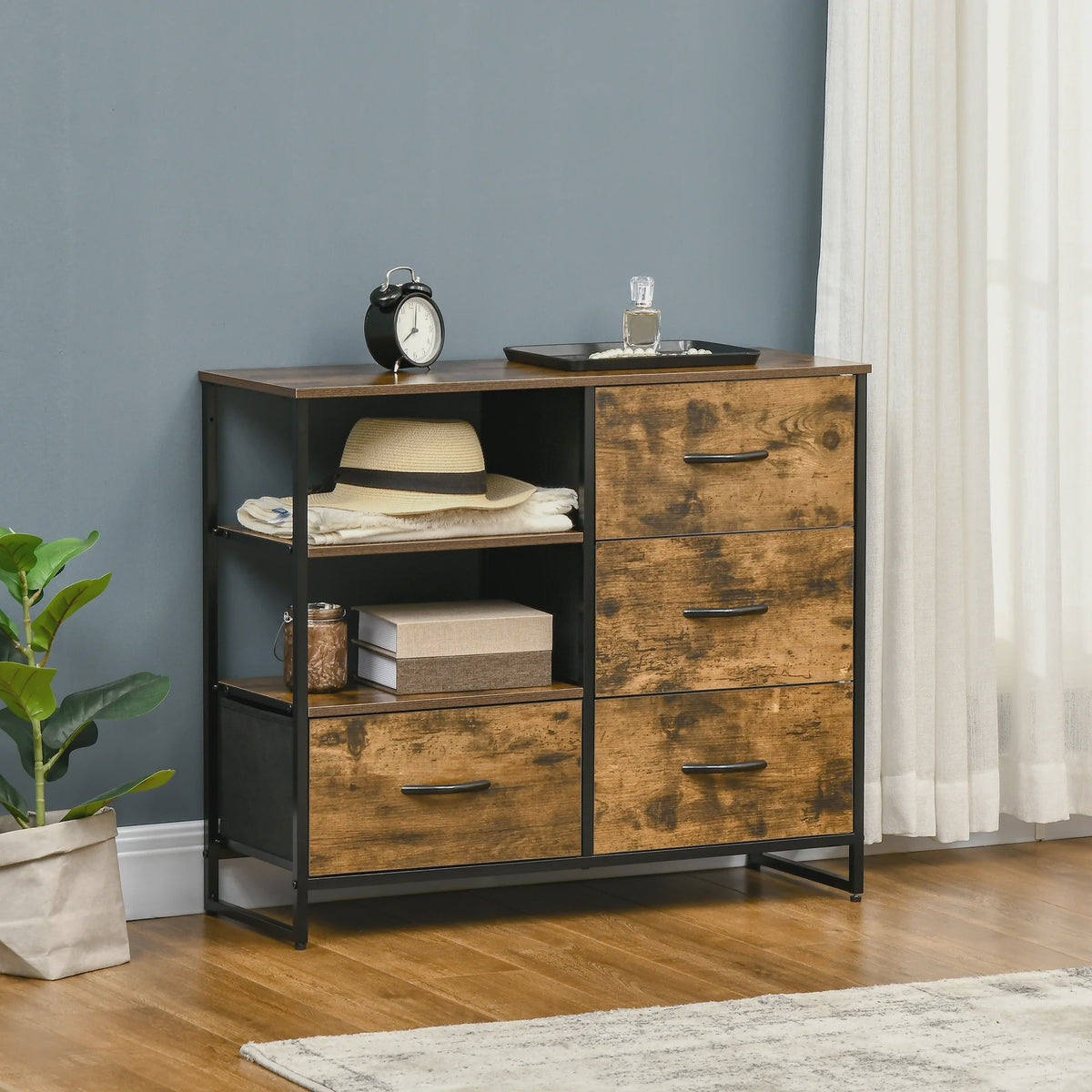 Industriële Ladekast met 4 Stoffen Lades en 2 Open Vakken - 84x30x71,5 cm