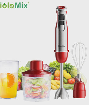 BioloMix Red 1200W 4-in-1 Hand Blender: Krachtige Staafmixer met Hakker & Smoothiebeker voor Babyvoeding en IJs