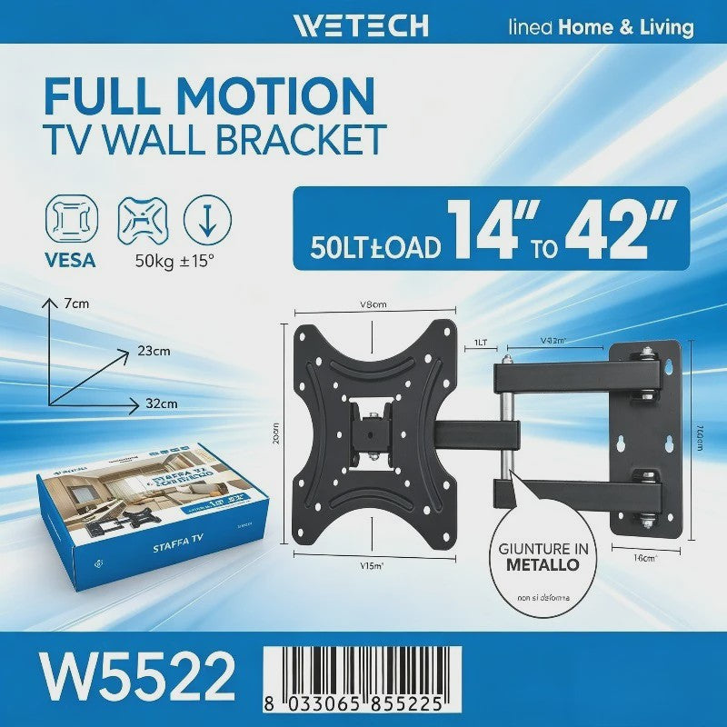 WETECH W5522 TV Wandsteun - Volledig Beweegbaar voor 14-42 Inch TV's, Max 50kg, VESA 50-100