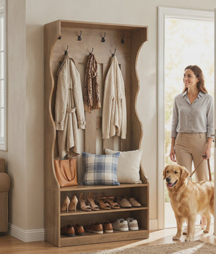 3-in-1 Halmeubel met Schoenenbank en Kapstok - Boerderijstijl Entree Organizer - 180cm Hoog - Bruin
