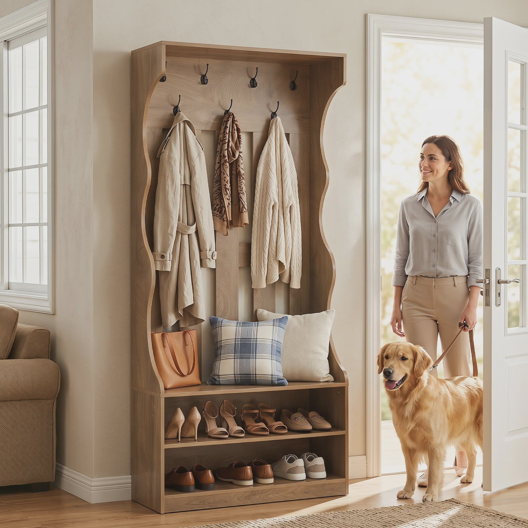 3-in-1 Halmeubel met Schoenenbank en Kapstok - Boerderijstijl Entree Organizer - 180cm Hoog - Bruin