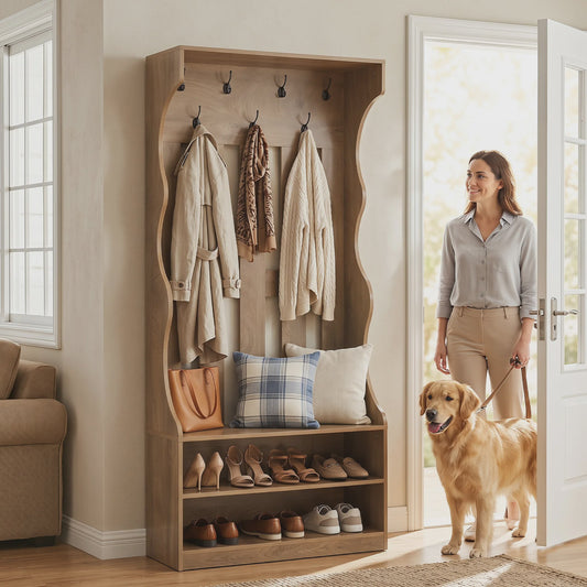 3-in-1 Halmeubel met Schoenenbank en Kapstok - Boerderijstijl Entree Organizer - 180cm Hoog - Bruin