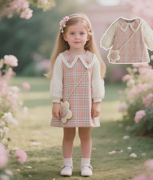 Schattige Baby Meisjes Jurk met Ruitpatroon, Kant en Lange Mouwen - Lente/Herfst
