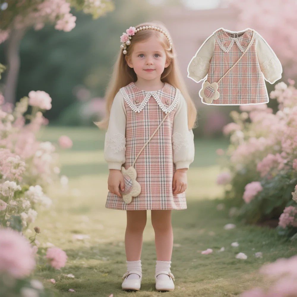 Schattige Baby Meisjes Jurk met Ruitpatroon, Kant en Lange Mouwen - Lente/Herfst