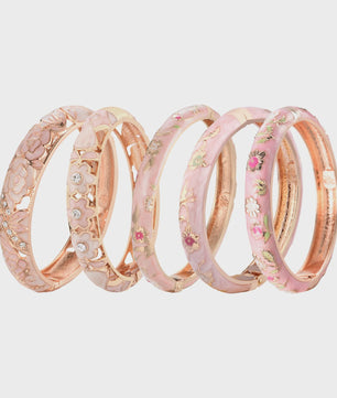 Chique Roze Emaille Armbanden Set - Bloemen & Kristallen