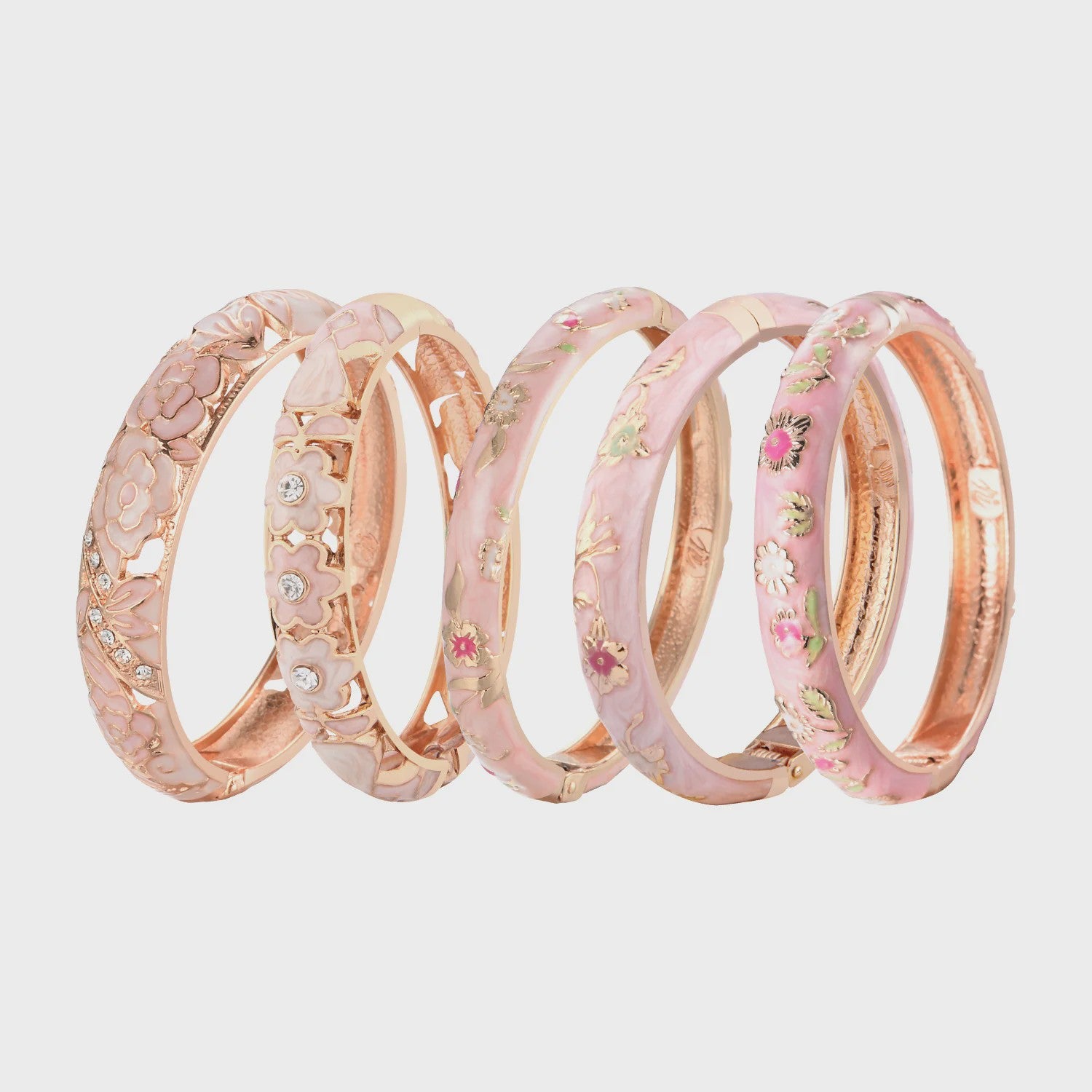 Chique Roze Emaille Armbanden Set - Bloemen & Kristallen