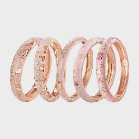 Chique Roze Emaille Armbanden Set - Bloemen & Kristallen