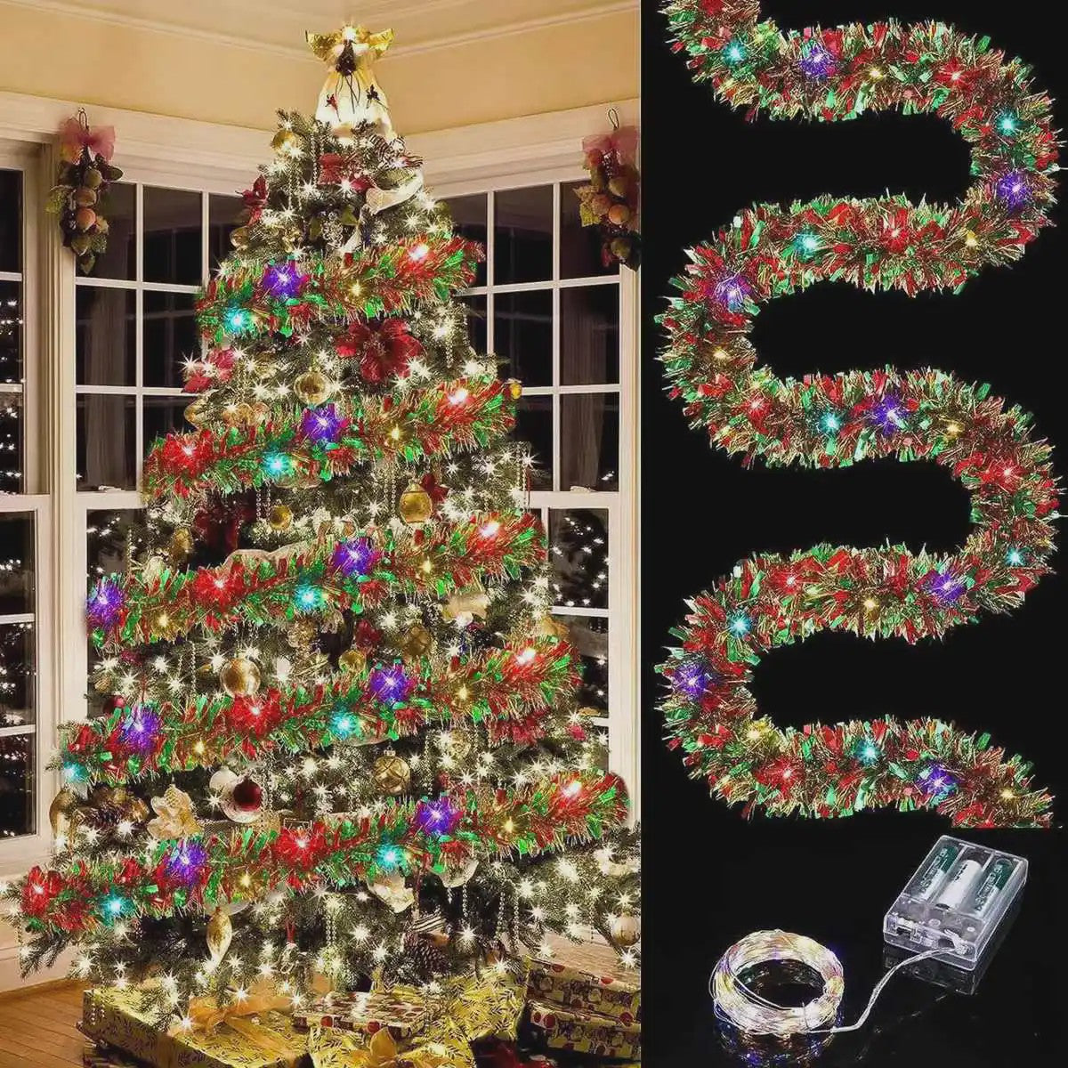 Kerst Slinger met LED Verlichting - Glanzend Metallic Decoratie voor Kerstboom & Huis