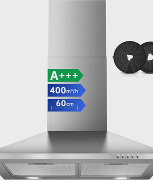 60cm RVS Schouw Afzuigkap - 400m³/u - A+++ Energiezuinig - Wandmontage