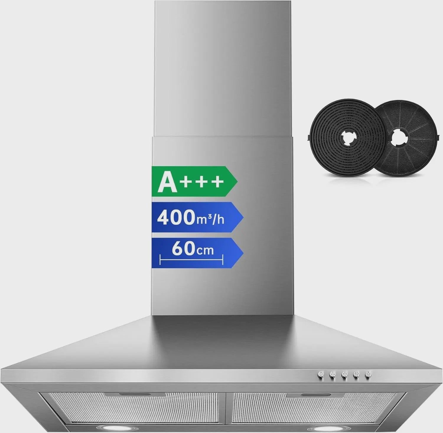 60cm RVS Schouw Afzuigkap - 400m³/u - A+++ Energiezuinig - Wandmontage