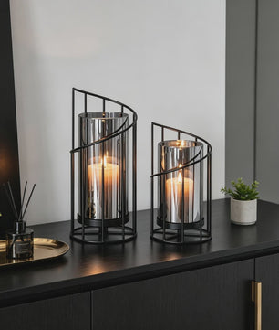 Luxe Metalen Kaarsenhouder met Glazen Cilinder - Geometrisch Draadframe