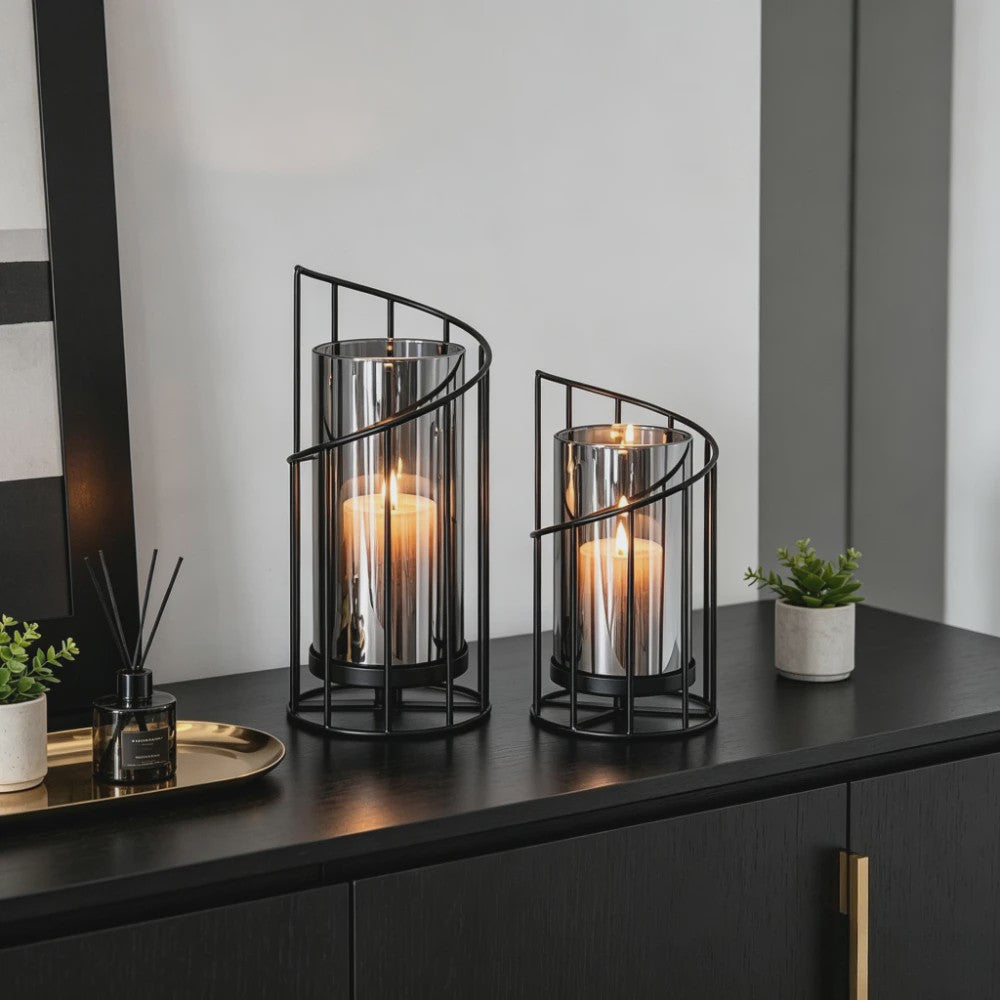 Luxe Metalen Kaarsenhouder met Glazen Cilinder - Geometrisch Draadframe