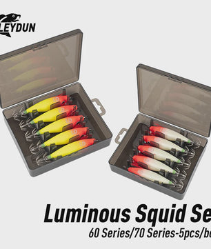 LEYDUN Luminous Vis Lokaas Set - 5 Stuks Houten Garnalen Kunstaas voor Inktvis & Octopus