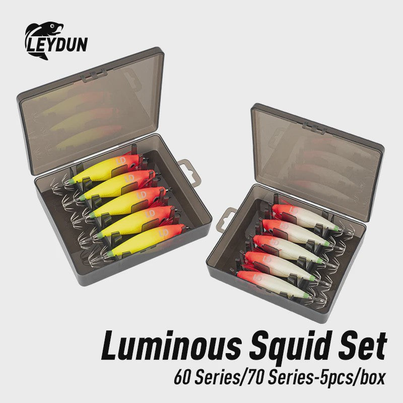 LEYDUN Luminous Vis Lokaas Set - 5 Stuks Houten Garnalen Kunstaas voor Inktvis & Octopus